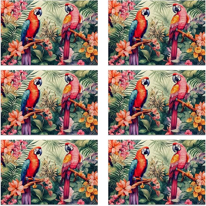 Placemats Set of 6 Tropical Parrot Forest Place Mats Washable Kitchen Dining Linen Table Mats Stain Heat, for Home Party Indoor 12x18 in