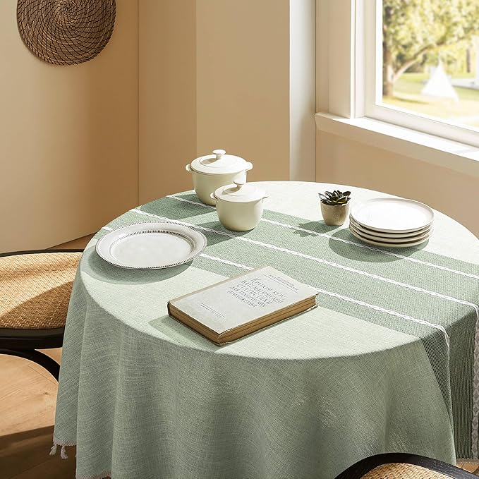 ZeeMart Contrast Linen Round Tablecloth 60 Inch Green, Farmhouse Style Round Table Cloth Heavy Weight Sage Green Tablecloths, Water Resistant Burlap Table Cloths