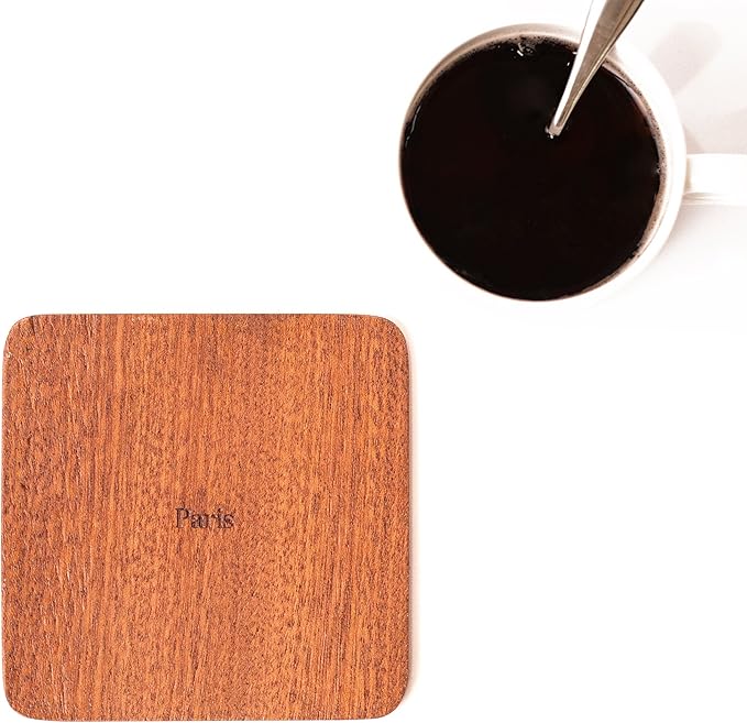 Paris Map Coaster by O3 Design Studio, Set Of 4, Sapele Wooden Coaster With City Map, Handmade