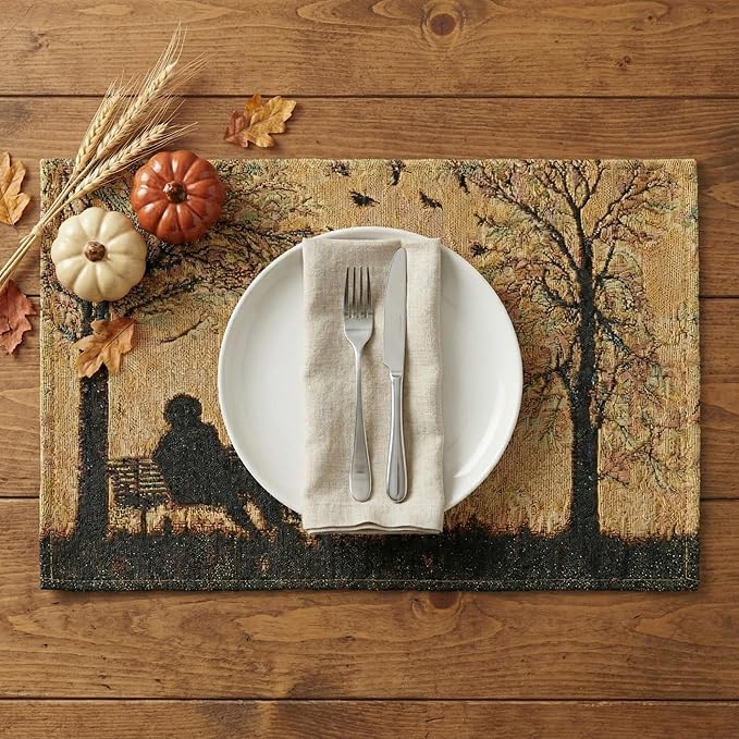 DaDalogy Farmhouse Rustic Dining Placemats - Set of 4 Tapestry Woven Cotton Halloween Kitchen Table Mats Fall Silhouette Decor - Family Cozy Cabin Orange Tan Black Decorative - 13” x 19”