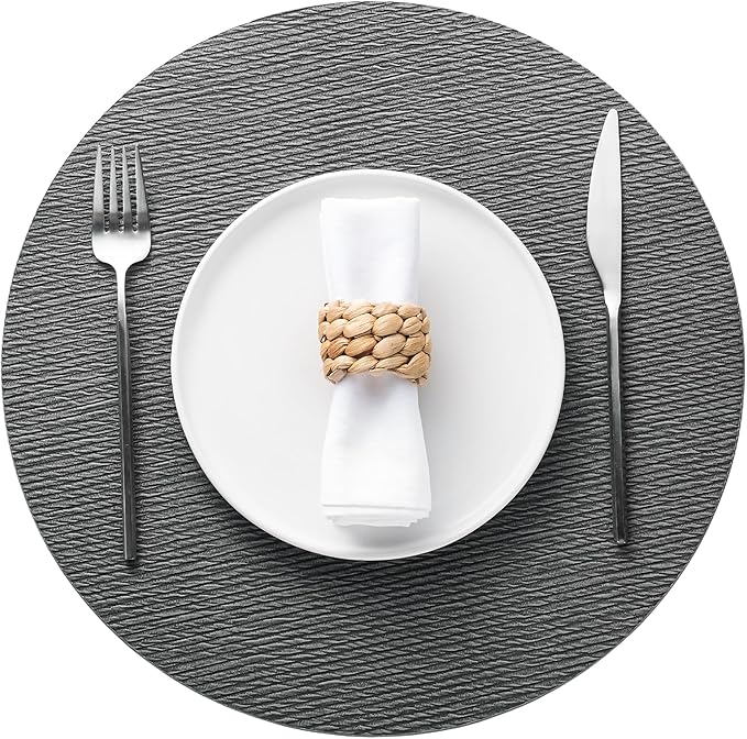 Jovono 15" Faux Leather Big Round Placemats Set of 4 - Washable Heat Resistant Non-Slip Dining Table Mats with Fabric Texture for Kitchen Home Party Decor, Gray