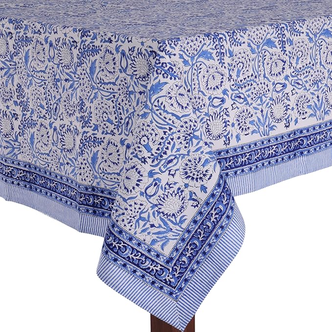 ATOSII Indigo Bloom 100% Cotton Rectangle Fall Tablecloth, Handblock Floral Linen Table Cloth for Dining Table I Parties Christmas Thanksgiving Grand Millennial Home Decor 72 X 140 Inches I 12 Seater
