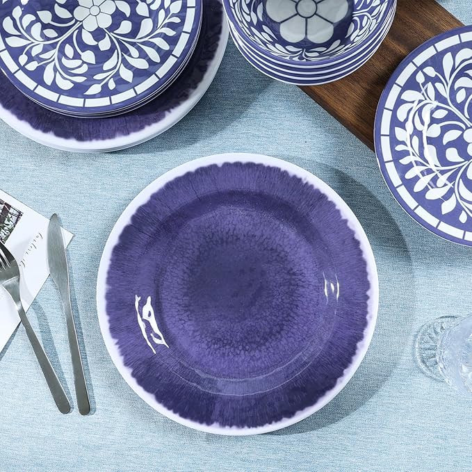 Melamine Dinnerware Set, 12 Pieces Plates and Bowls Set, Unbreakable Dish Set,Lightweight,Camping,Dishwasher Safe,Service for 4, Blue-purple