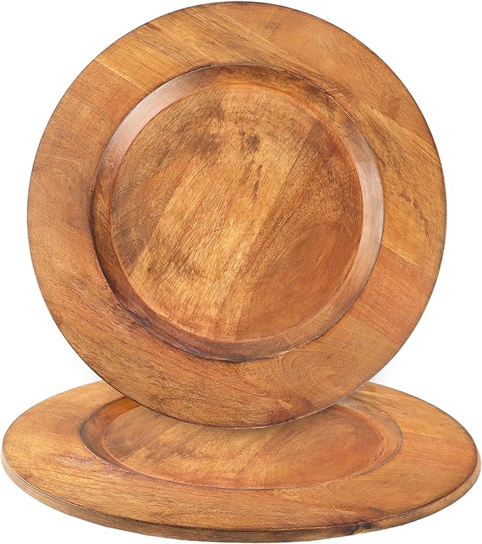 Alpha Living Home Wood Charger Plate Set of 2 - Round Serving Platters Rustic Chargers for Home Décor Charcuterie Appetizer & Dining - Hardwood Platter Handcrafted Versatile Durable 13 inch (Brown)