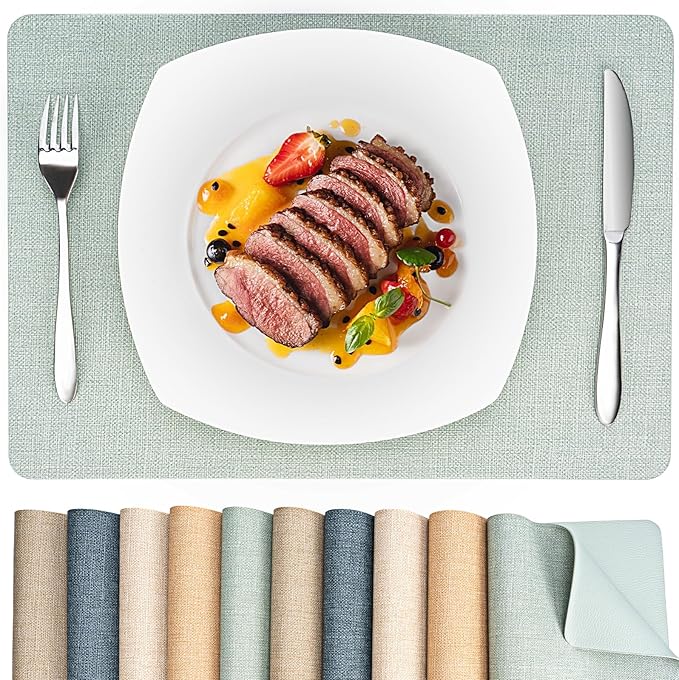 Heat Resistant Placemats Set of 6, 17x12in Waterproof Wipeable Faux Leather Non Slip Table Mats, Easy to Clean, Stain Resistant, for Kitchen Dining Room– Sage Green