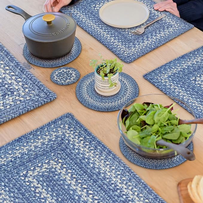 Homespice Denim Jute Braided Trivets for Table, Country Coastal Decor, Set of 3, Blue 8" Round Heat Resistant Mat - Rich Colors, Easy to Clean, Durable and Protects Furniture