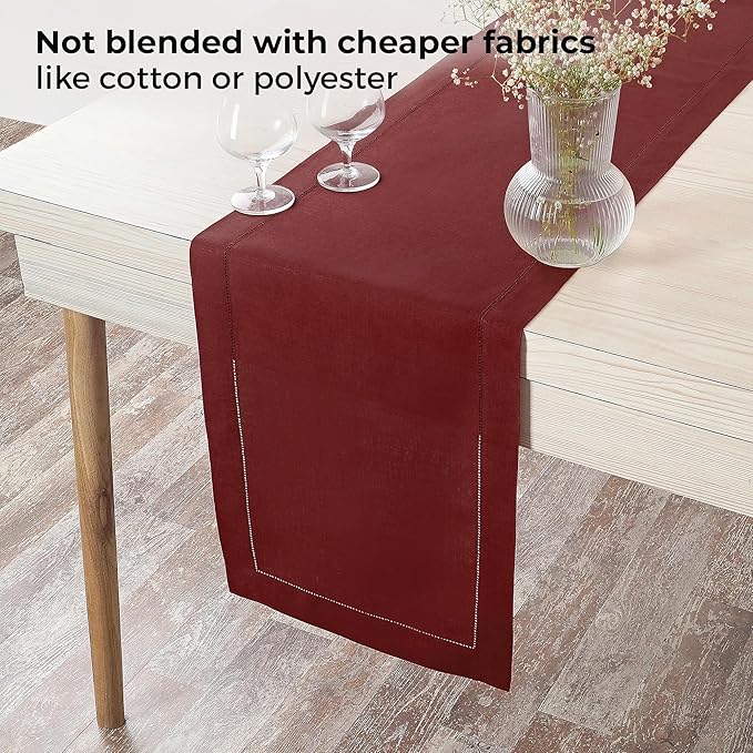 D'Moksha Homes Linen Dark Red Table Runner 60 Inches - Classic Hemstitch, 100% Pure Linen Coffee Table Runner 14 x 60 Inch Ideal for Dresser Tables, Valentines, Spring
