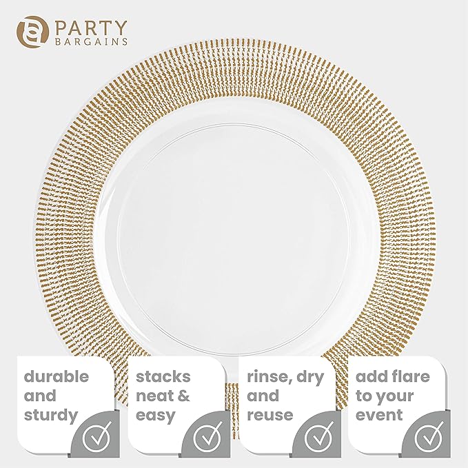 PARTY BARGAINS 13-Inch Charger Plates - 48 Pack, Clear Gold Textured Rim, Heavy-Duty Disposable Chargers for Elegant Dining - Ideal for Weddings and Formal Events