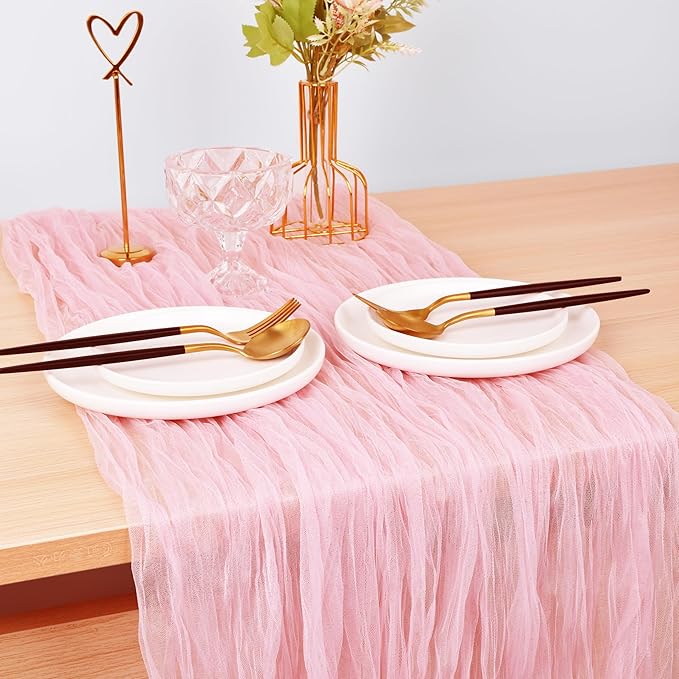 Joanlody Blushing Pink Cheesecloth Table Runner Spring Easter 10Ft Rustic Gauze Boho Cheese Cloth Table Runner for Wedding Bridal Baby Shower Decoration 6 Pack