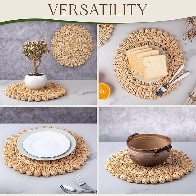 11.8" Corn Husk Woven Round Placemats Set of 6 - Wicker Boho Farmhouse Placemats - Rattan Table Mats Like Water Hyacinth for Dining Table, Wedding, Home