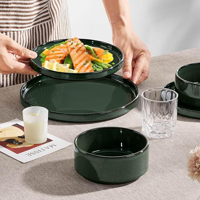 Herogo 12 Pieces Stoneware Dinnerware Set for 4, Ceramic Dinner Dishware Sets for Home Kitchen, Plates and Bowls with Rustic Terracotta Bottom, Dishwasher & Microwave Safe, Dark Green