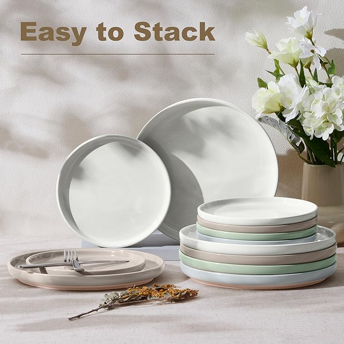 LIANYU Stoneware Dinner Plates Set of 6, 10.5’’ Ceramic Plates for Dessert, Salad, Steak, Pizza, Round Serving Dishes for Kitchen, Microwave, Oven & Dishwasher Safe, Scratch Resistant, Fog Green