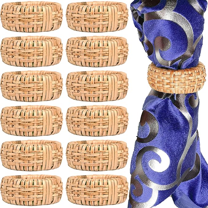 CLEENTABLE Rustic Napkin Rings Set of 12 - Elegant Round Cane Napkin Rings, Easy to Clean, Durable Versatile for Table Settings, Special Occasion, Easter Table Decor & Gift Giving Ideas (Natural)