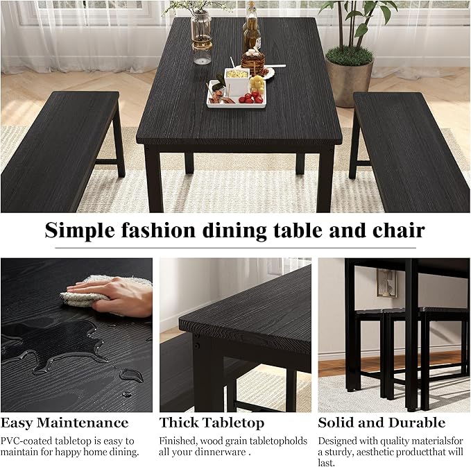 Sturdy Durable Dining Table Set for 4 with Bench, Easy to Assemble Kitchen Table with Bench, Space-Saving Ideal 4-Person Set for Daily Meals, brunches, or workspace,Black