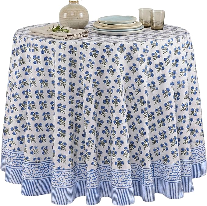 ATOSII Gulbahar Blue 100% Cotton Fall Round Tablecloth, Handblock Print Floral Table Cloth for Kitchen Dining Linen I Thanksgiving, Christmas, Weddings, Outdoors, Parties I 90" Inches Diameter
