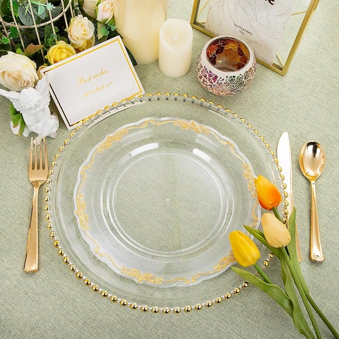 DaYammi 60PCS Clear Gold Plastic Plates Fancy Heavy Duty Clear Disposable Plates Premium 10.25inch Dinner Plates with Gold Rim Hard Plastic Plates Disposable for Party and Wedding