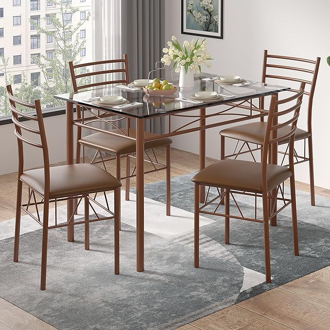VECELO Dining Table Set for 4, 5-Piece Glass Kitchen Table with Upholstered Padded Chairs for Small Space, Breakfast Nook, Space-Saving, Vintage Brown