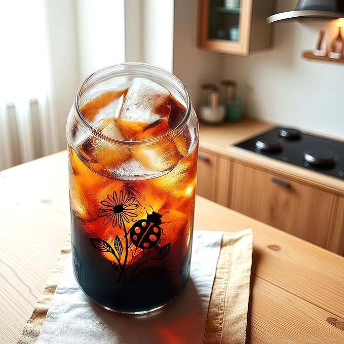 Cute Ladybugs Glass Cup With Lids And Straws, Ladybugs Gift For Women, Iced Coffee Cup, Iced, Coffee, Smoothie, Cocktail, Beer, Whiskey, Soda, Matcha,16 Oz, Home Office Table Desk Decoration!