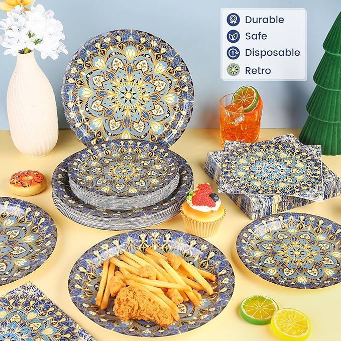 Kochorie 100 Pieces Bohemian Style Paper Plates and Napkins Set Vintage Bohemian Decorative Paper Plates (25 x 7 Inch & 25 x 9 Inch) Boho Tableware Set for Daily Use Party Kitchen Wedding Decor