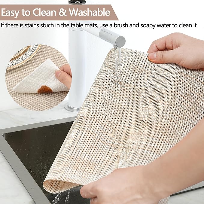 SLKQG Placemats Set of 4 - Easy Clean Washable Vinyl Placemats - Wipeable Heat Resistant Table Mats for Dining Table - 17.7x11.8 Inch (4, Beige)