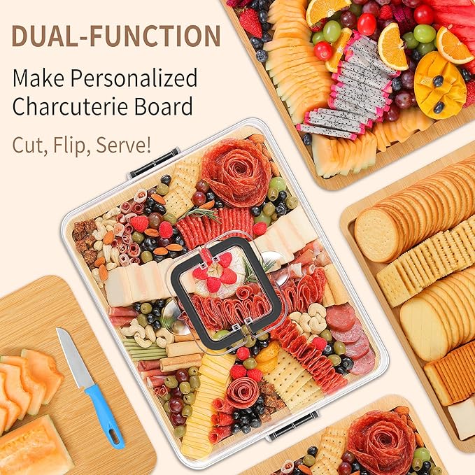 Portable Travel Charcuterie Board with Lid and Handle - Large Bamboo Cheese Board with 4 Cheese Knife Set for Outdoor, Picnics - Weddings, House Warming Gift for Women (1 Compartment, Black)