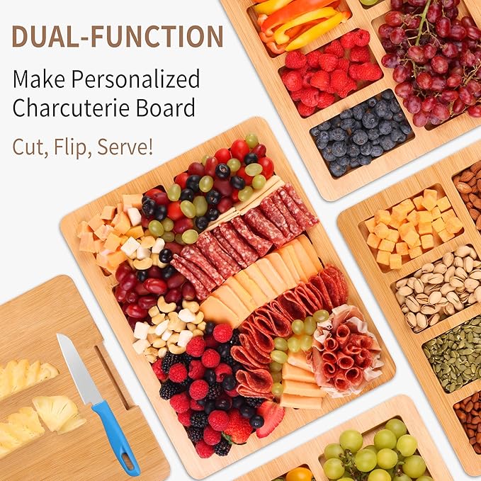 Charcuterie Board with Lid and Handle - Portable Travel Design Bamboo Cheese Board Set with 4 Cheese Tools, Gift for Housewarming, Weddings, Picnics (6 Compartments, Black)