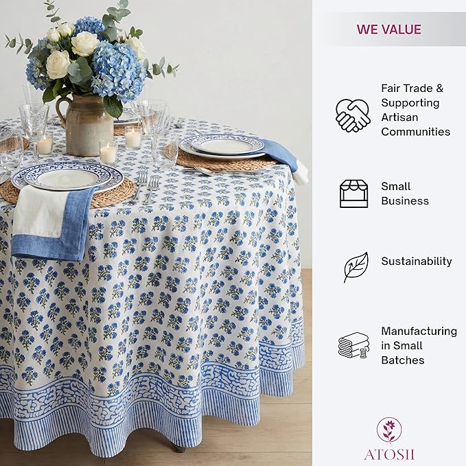 ATOSII Gulbahar Blue 100% Cotton Fall Round Tablecloth, Handblock Print Floral Table Cloth for Kitchen Dining Linen I Thanksgiving, Christmas, Weddings, Outdoors, Parties I 60" Inches I 4 Seater Table