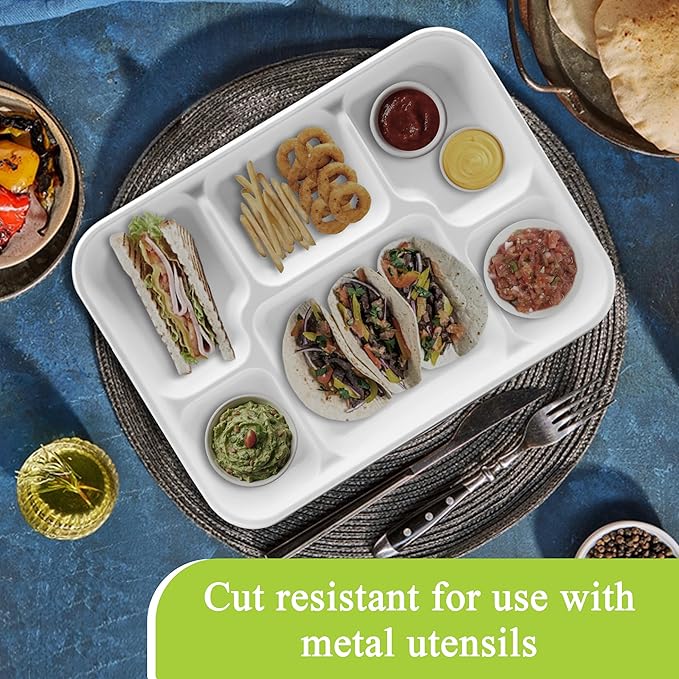 three leaf 6 Compartment Bagasse Tray 150 Ct. Heavy Duty, Super Strong,Eco Friendly Disposable Bagasse Plates,100% Biodegradable Plates, Microwave and Freezer Safe, Ideal for Party, Dinner and Picnic
