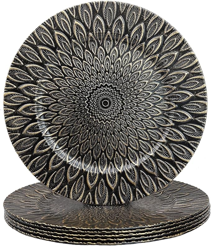 Black Charger Plates, 13 Inch Set of 6 Plastic Peacock Chargers for Dinner Plates,Table Settings, Easter, Thanksgiving, Christmas Party, Family Gathering.