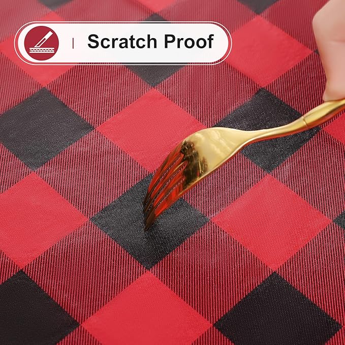 misaya Rectangle Waterproof Vinyl Table Cloth, Buffalo Flannel Backed Tablecloth, Wipeable Plastic Table Cover for Christmas (52" x 70", Red and Black)