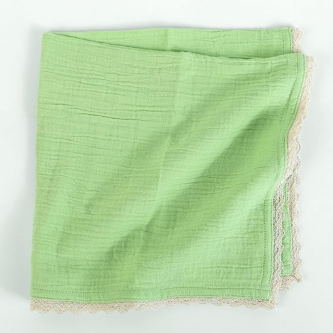FINGERCRAFT Dinner Cloth Napkin Cotton Muslin Double Gauze 12 Pack with Classic Lace for Everyday Use, Wedding, Party, Christmas, Easter Napkins Cloth are Pre Shrunk and Good Absorbency Lettuce Green