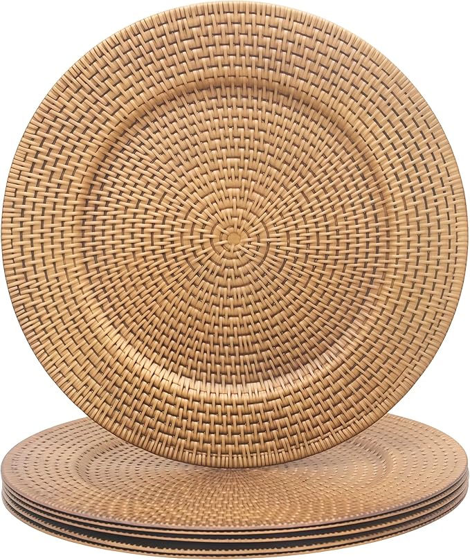 13 Inch Antique Gold Charger Plates Set of 6 Round Plastic Plates Matte Finish Faux Rattan Woven Texture Charger plates for Wedding Party Christmas (609)