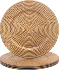 13 Inch Antique Gold Charger Plates Set of 6 Round Plastic Plates Matte Finish Faux Rattan Woven Texture Charger plates for Wedding Party Christmas (609)