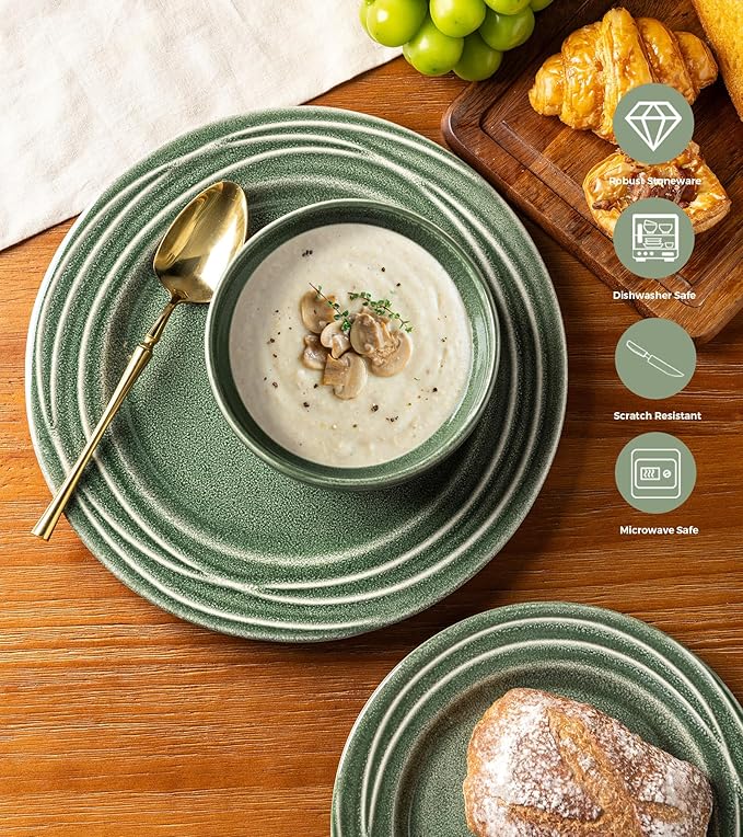 GBHOME Ceramic Dinnerware Sets,12 pcs Embossed Elegant Stoneware Plates and Bowls Sets, Housewarming Wedding Gift | Dishwasher & Microwave Safe | Dishes Set Service for 4,Dark Green
