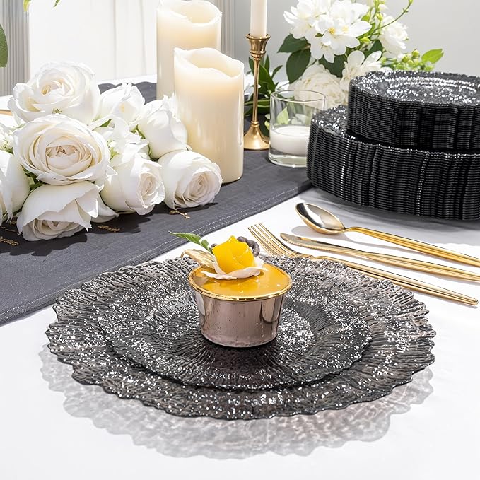 U-QE 60PCS Clear Black Plastic Plates, Heavy Duty Black Disposable Plates Including 30PCS 10'' Dinner & 30PCS 7'' Dessert Plates -Hard Plastic Platos for Party & Wedding & Birthday