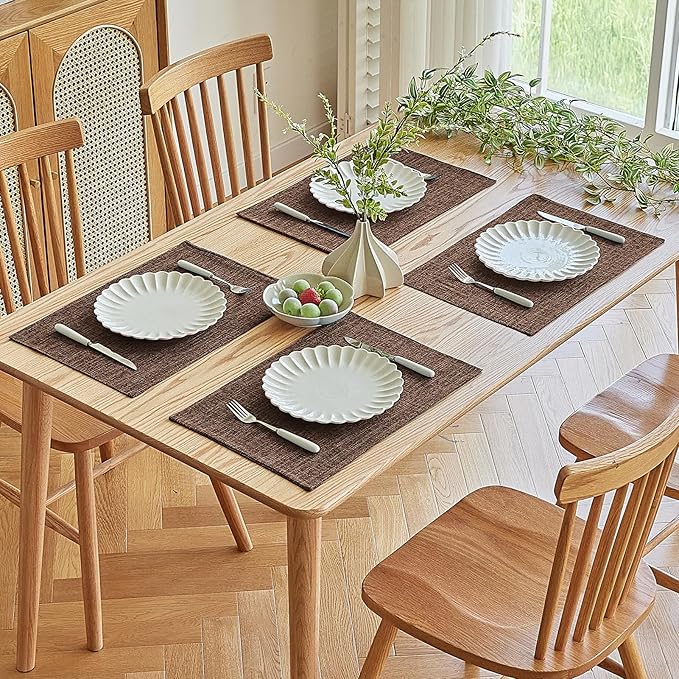 Softalker Faux Linen Placemats Set of 6-12 x 18 Inch, Heat Resistant Double Layered Durable Burlap Farmhouse Place Mats, Non-Slip Washable Rustic Table Mats for Dining, Kitchen, Party（Dark Brown