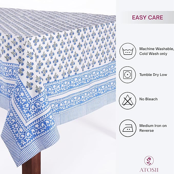ATOSII Gulbahar Blue 100% Cotton Fall Rectangle Tablecloth, Handblock Print Floral Table Cloth for Kitchen Dining Linen I Thanksgiving Christmas Weddings Outdoors I 72 X 120 Inches I 10 Seater