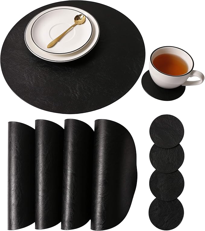 Embossed PU Leather Placemats, Waterproof Coffee Coasters, Kitchen Table Mats, Easy to Wipe Off for Dining Round Table
