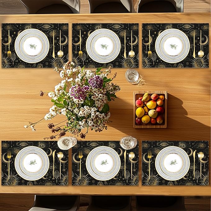 Placemats Set of 6,Moon Sun Table Mats,Vintage Boho Washable Linen Table Mats,Non-Slip Heat Resistant Placemats for Party Kitchen Dining Indoor Outdoor 12"x18"