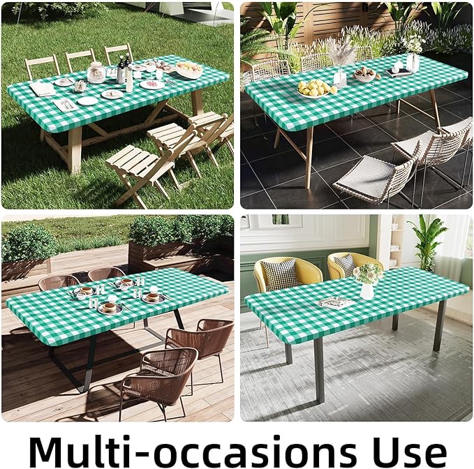 Smiry Rectangle Picnic Table Cloth, Elastic Waterproof Fitted Vinyl Tablecloths, Flannel Backed Buffalo Plaid Table Covers for Dining, Camping, Outdoor (White and Green, 36" x 96")
