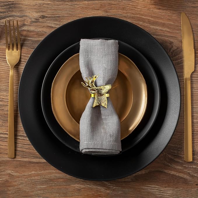 Decozen Set of 12 Gold Napkin Rings in Stag Design, Festive, Table Decor Setting for Holiday, Wedding, Birthday, Kitchen, Home Decor, Housewarming Gift - Thanksgiving & Christmas Gift Decoration
