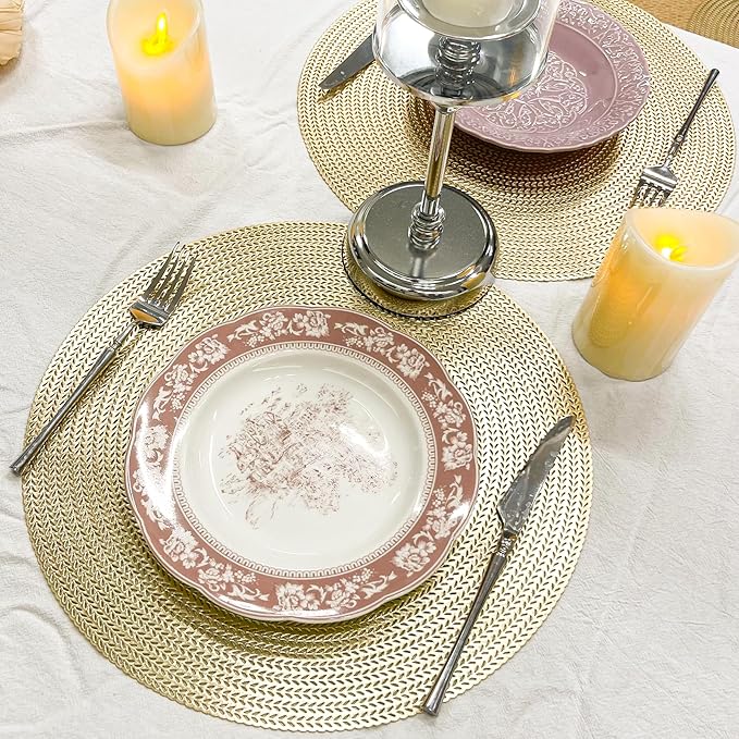 Set of 4 PVC Gold Textured Round Placemats Dinning Kitchen Table Mats Decorations Setting for Christmas Wedding Thanksgiving Party Event Holiday Autumn Harvest 15 Inch