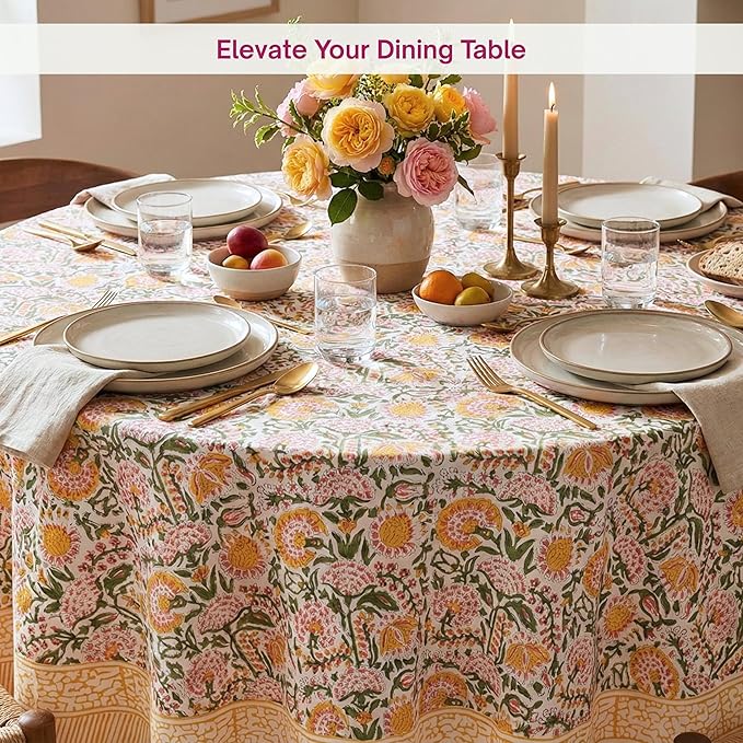 ATOSII Clover Yellow 100% Cotton Round Tablecloth, Handblock Print Floral Table Cloth for Kitchen Dining Linen I Parties, Weddings, Outdoors, Christmas, Thanksgiving I Fall Home Decor 60" Inches Round