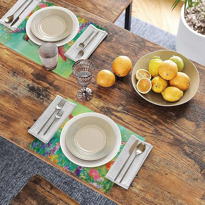 Hummingbird 12x18 Inch Placemats Set of 6 - Waterproof, Non-Slip & Washable Vintage Spring Flower Birds Table Mats for Kitchen & Dining Table Placemats
