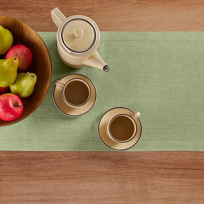 Solino Home Linen Table Runner 120 Inches Long - Athena, 100% Pure Linen Chambray Olive Table Runner 14 x 120 Inch for Dining, Spring, St Patricks Day