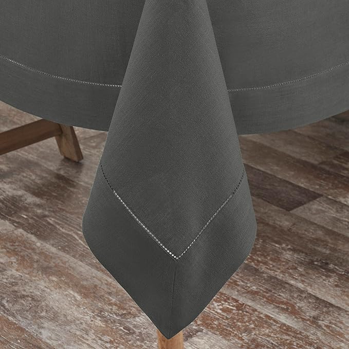 D'Moksha Homes Charcoal Grey Linen Tablecloth for Rectangle Tables 60 x 102 Inch - Classic Hemstitch 100% Pure Linen Grey Table Cloth - Machine Washable Dining Tablecloth for Spring, Easter
