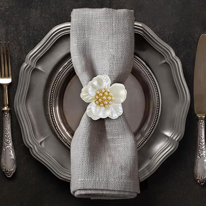 Decozen Set of 12 White Gold Napkin Rings in Floral Design, Festive, Table Decor Setting for Holiday, Wedding, Birthday, Kitchen, Home Decor, Housewarming Gift - Mothers Day Decorations