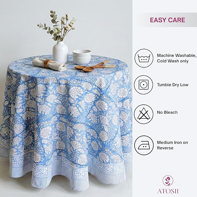 ATOSII Azora Blue 100% Cotton Round Tablecloth, Handblock Print Floral Table Cloth for Kitchen Dining Linen I Parties, Weddings, Outdoors I 72" Inches Round