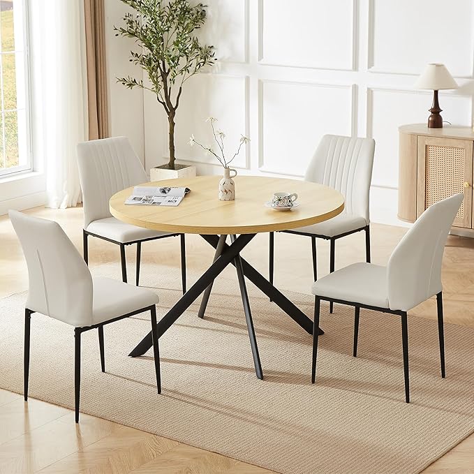 45.3'' Walnut Round Dining Table Set for 4, Mid Century Modern Small Coffee Set for Dining Room Kitchen Apartment (Cream Table + 4 White Chairs)