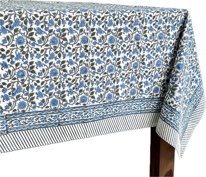 ATOSII Lake Como 100% Cotton Rectangle Fall Tablecloth, Handblock Floral Linen Table Cloth for Kitchen Dining Table I Parties Weddings Outdoors Easter Picnic I 60 X 90 Inches I 6 Seater